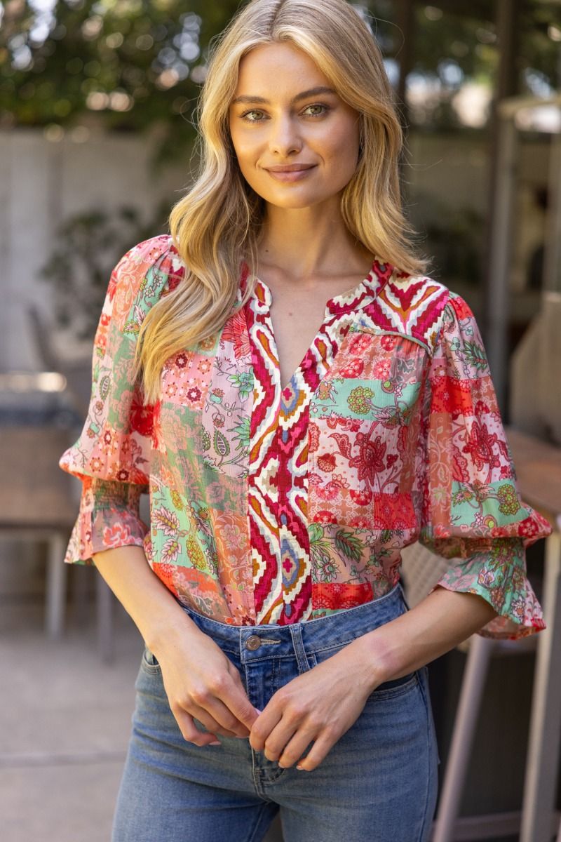 Mixed Print Top W/Piping Detail - Lush Lemon - Women's Clothing - Voy - 48999641016541