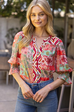 Mixed Print Top W/Piping Detail - Lush Lemon - Women&