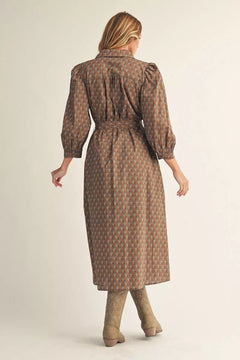 Mocha Floral Print Belted Midi Dress - Lush Lemon - Women&