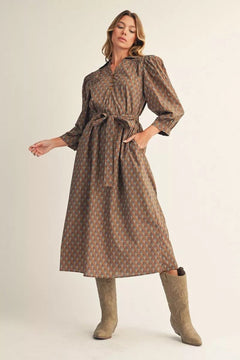 Mocha Floral Print Belted Midi Dress - Lush Lemon - Women&
