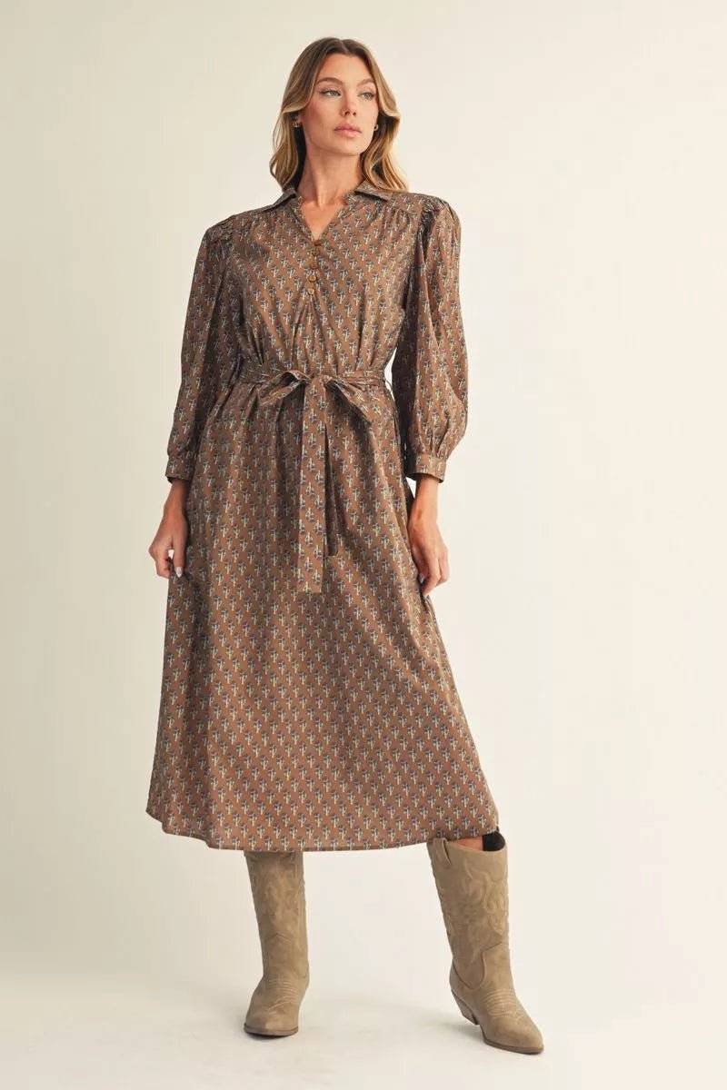 Mocha Floral Print Belted Midi Dress - Lush Lemon - Women&