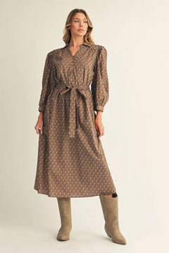 Mocha Floral Print Belted Midi Dress - Lush Lemon - Women&