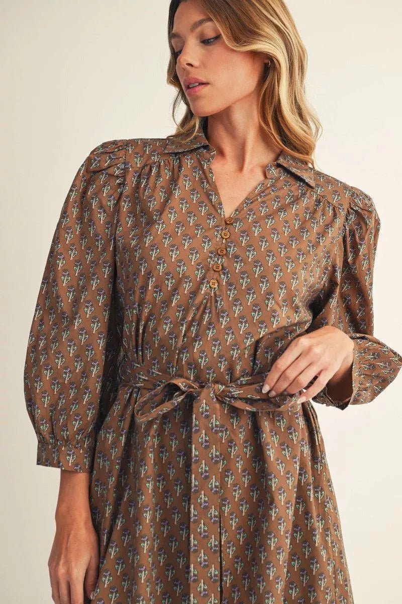 Mocha Floral Print Belted Midi Dress - Lush Lemon - Women&