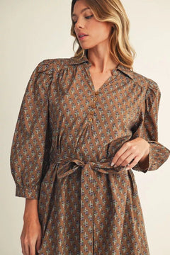 Mocha Floral Print Belted Midi Dress - Lush Lemon - Women&