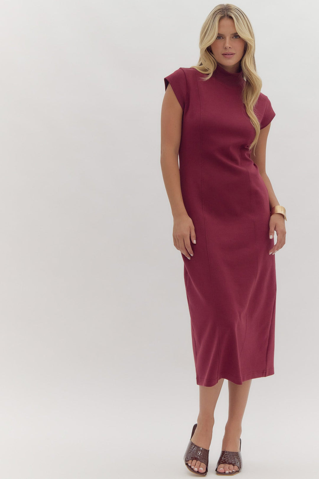 Mock Neck Midi Dress W/Cap Sleeves - Entro - Lush Lemon Mock Neck Midi Dress W/Cap Sleeves - Entro - Lush Lemon