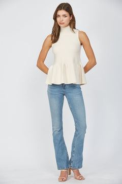 Mock Neck Peplum Sweater Tank - Lush Lemon - Women&