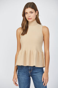 Mock Neck Peplum Sweater Tank - Lush Lemon - Women&