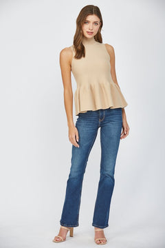 Mock Neck Peplum Sweater Tank - Lush Lemon - Women&