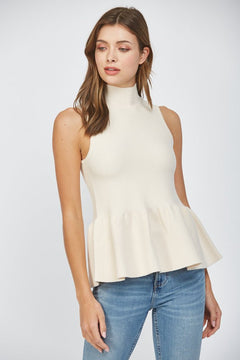 Mock Neck Peplum Sweater Tank - Lush Lemon - Women&