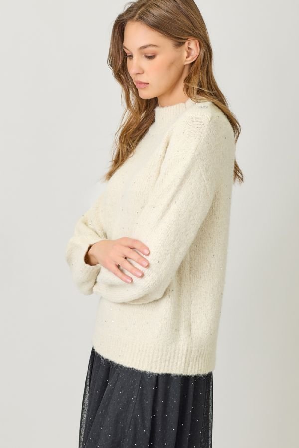 Mock Neck Sparkle Sweater - Lush Lemon - Women's Clothing - Mystree - 62781071041469