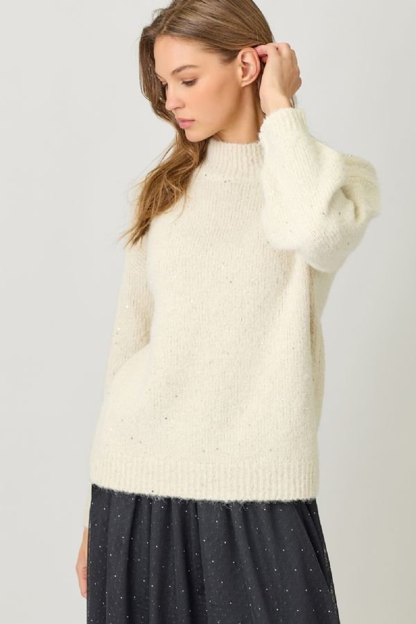 Mock Neck Sparkle Sweater - Lush Lemon - Women's Clothing - Mystree - 62781071041469