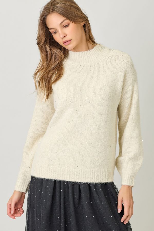 Mock Neck Sparkle Sweater - Lush Lemon - Women's Clothing - Mystree - 62781071041469