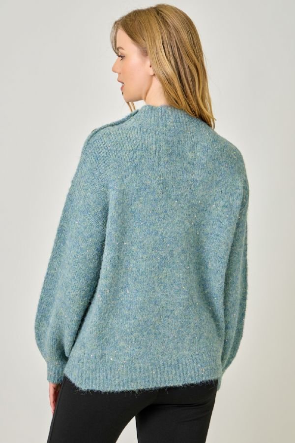 Mock Neck Sparkle Sweater - Lush Lemon - Women's Clothing - Mystree - 62781071339773