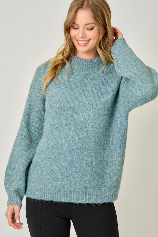 Mock Neck Sparkle Sweater - Lush Lemon - Women's Clothing - Mystree - 62781071339773