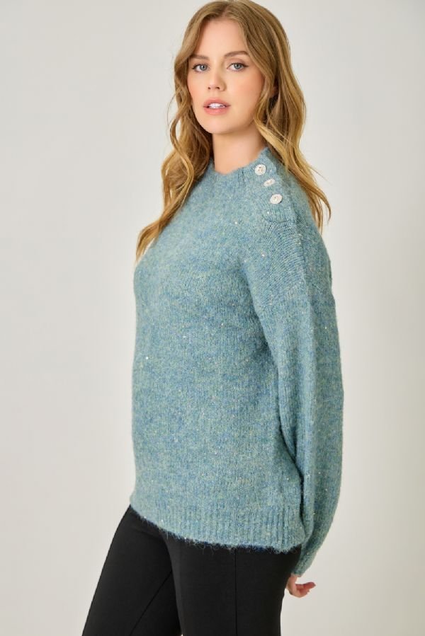 Mock Neck Sparkle Sweater - Lush Lemon - Women's Clothing - Mystree - 62781071339773