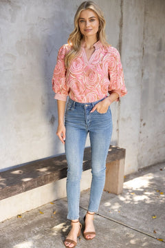 Multi Embroidered Puff Sleeve Top W/Contrast Detail - Lush Lemon - Women&