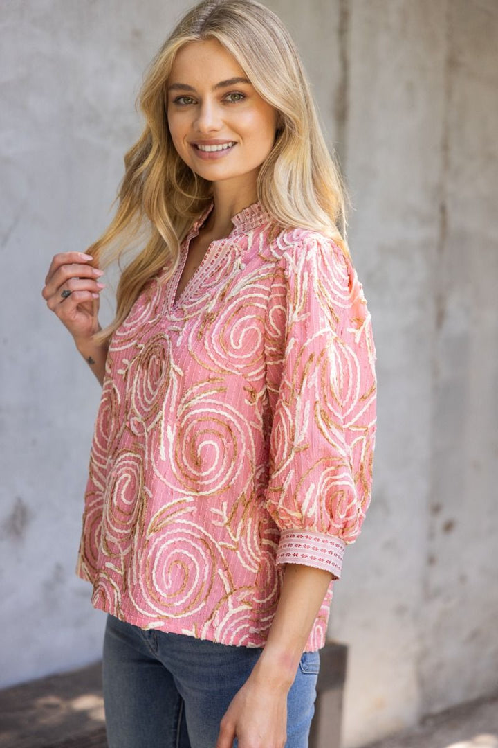 Multi Embroidered Puff Sleeve Top W/Contrast Detail - Lush Lemon - Women's Clothing - Voy - 73641661041437