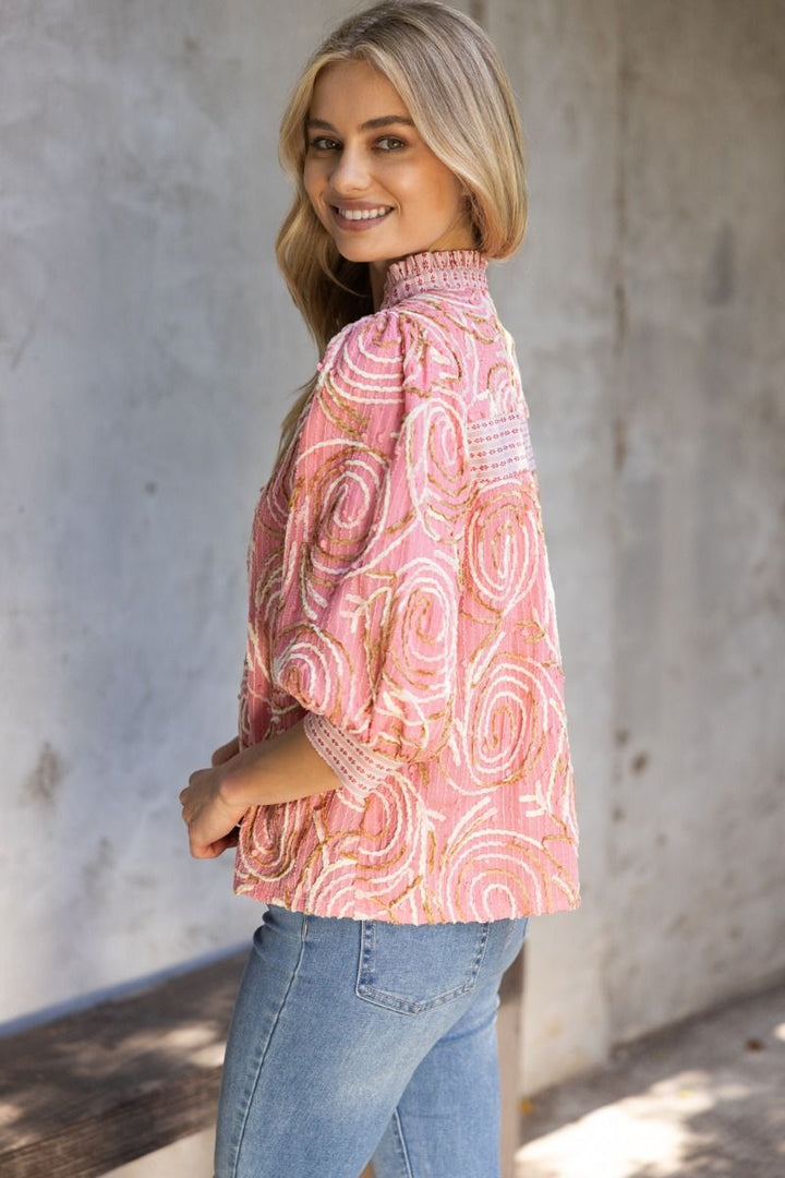 Multi Embroidered Puff Sleeve Top W/Contrast Detail - Lush Lemon - Women's Clothing - Voy - 73641661041437