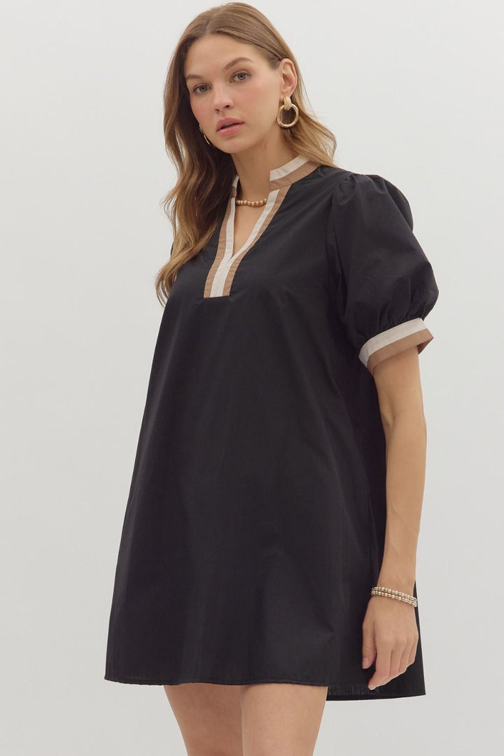Multi Trim Puff Sleeve Mini Dress W/Pockets - Lush Lemon - Women's Clothing - Entro - 83168051911869