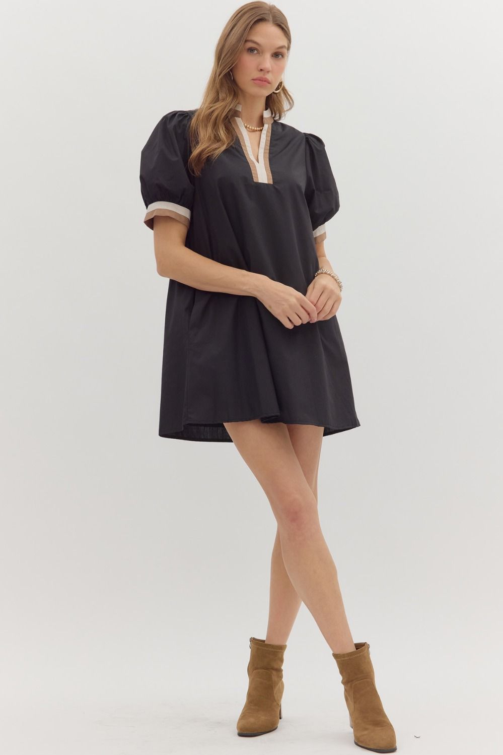 Multi Trim Puff Sleeve Mini Dress W/Pockets - Lush Lemon - Women's Clothing - Entro - 83168051911869
