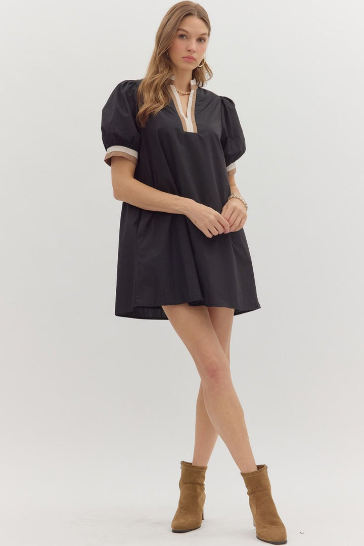 Multi Trim Puff Sleeve Mini Dress W/Pockets - Lush Lemon - Women's Clothing - Entro - 83168051911869