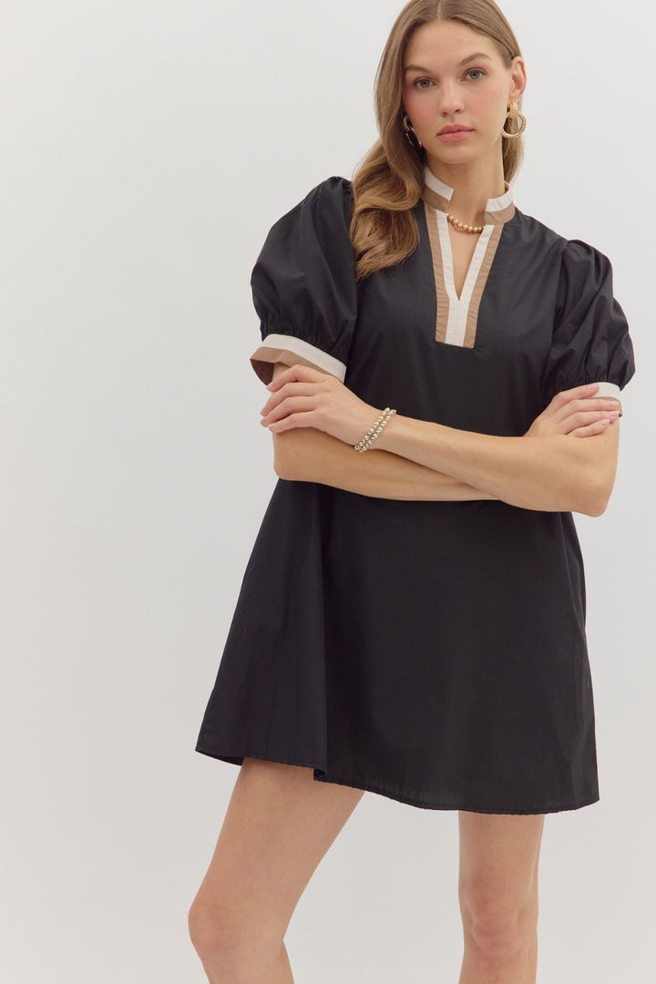 Multi Trim Puff Sleeve Mini Dress W/Pockets - Lush Lemon - Women's Clothing - Entro - 83168051911869