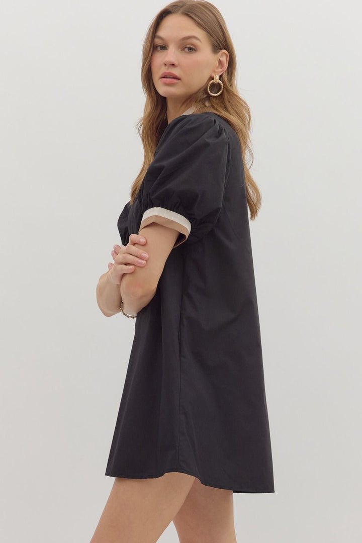 Multi Trim Puff Sleeve Mini Dress W/Pockets - Lush Lemon - Women's Clothing - Entro - 91480681039869