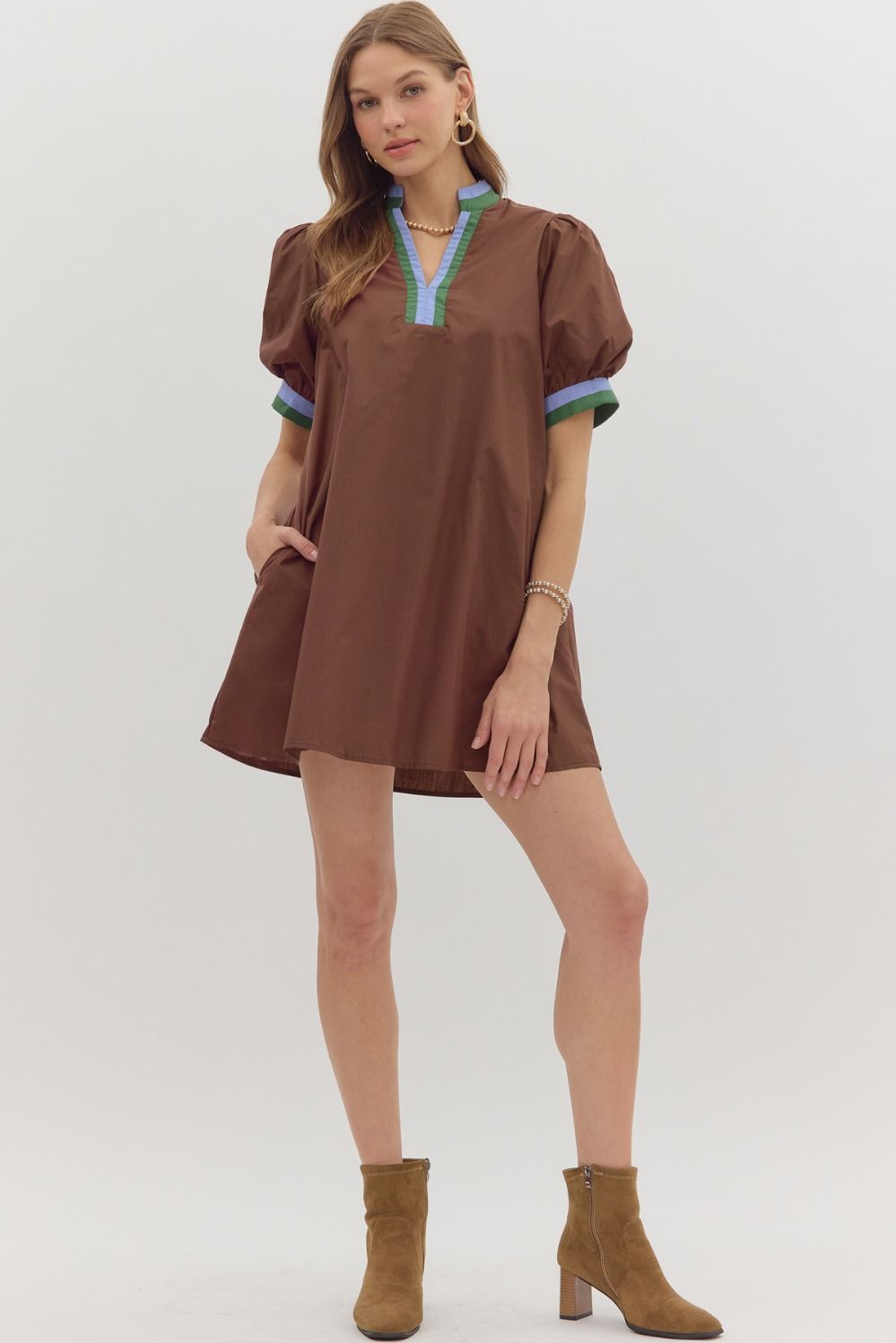 Multi Trim Puff Sleeve Mini Dress W/Pockets - Lush Lemon - Women's Clothing - Entro - 91480681039869