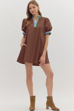 Multi Trim Puff Sleeve Mini Dress W/Pockets - Lush Lemon - Women&