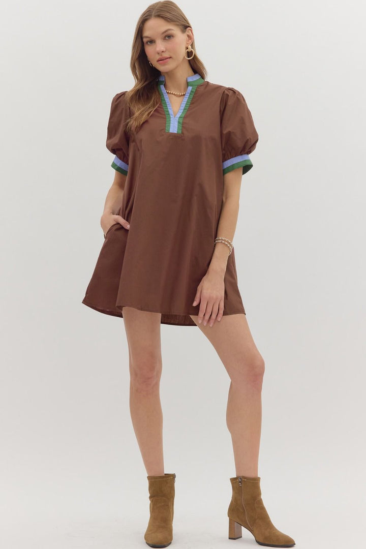 Multi Trim Puff Sleeve Mini Dress W/Pockets - Lush Lemon - Women's Clothing - Entro - 91480681039869