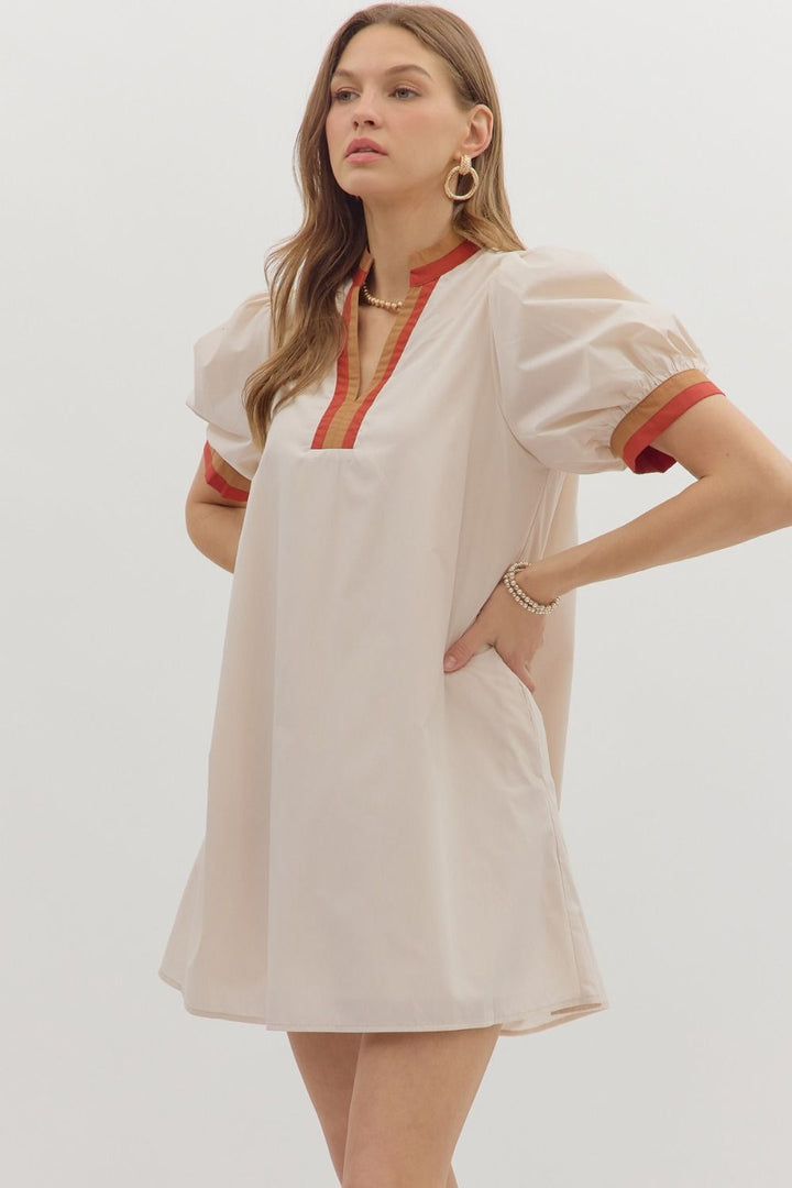 Multi Trim Puff Sleeve Mini Dress W/Pockets - Lush Lemon - Women's Clothing - Entro - 94619391035133