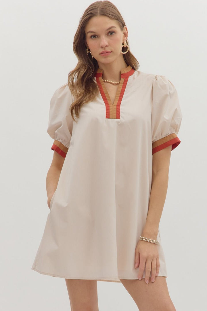 Multi Trim Puff Sleeve Mini Dress W/Pockets - Lush Lemon - Women's Clothing - Entro - 94619391035133