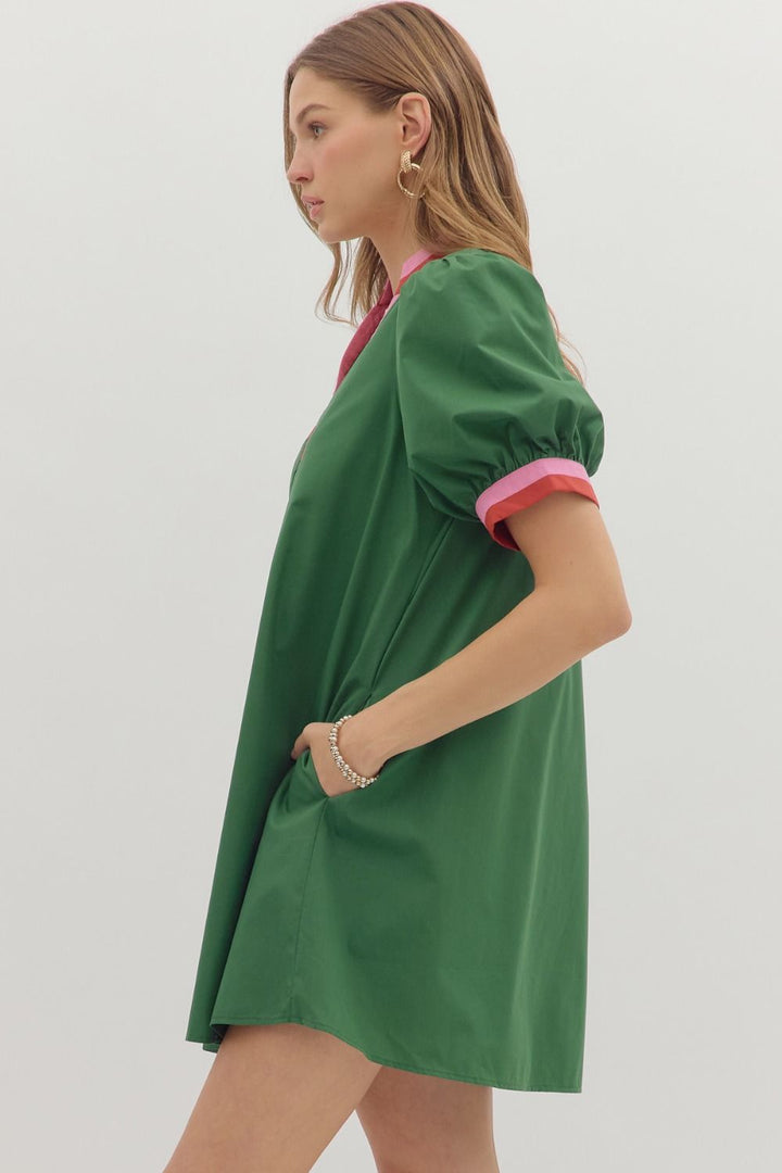 Multi Trim Puff Sleeve Mini Dress W/Pockets - Lush Lemon - Women's Clothing - Entro - 94619391633437