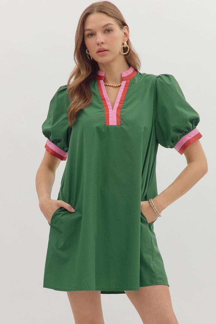 Multi Trim Puff Sleeve Mini Dress W/Pockets - Lush Lemon - Women's Clothing - Entro - 94619391633437