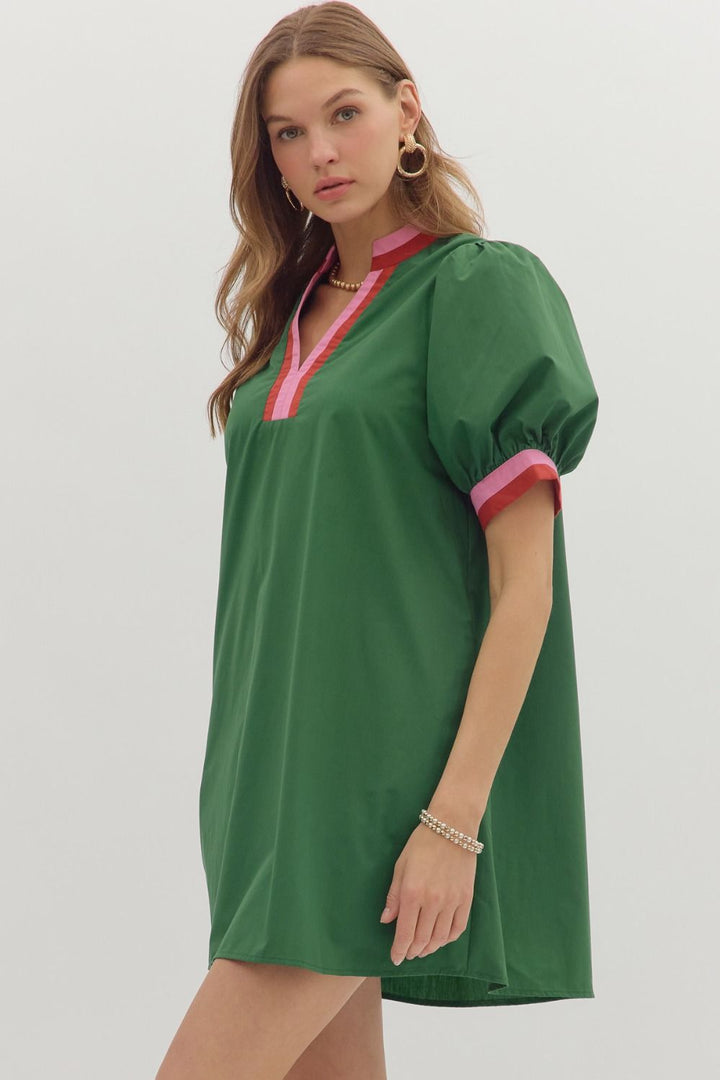 Multi Trim Puff Sleeve Mini Dress W/Pockets - Lush Lemon - Women's Clothing - Entro - 94619391633437