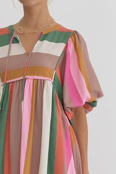 Multicolor Striped Babydoll Dress - Lush Lemon - Women&