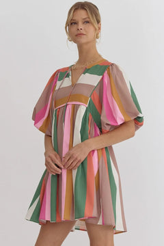 Multicolor Striped Babydoll Dress - Lush Lemon - Women&