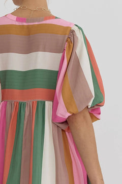 Multicolor Striped Babydoll Dress - Lush Lemon - Women&