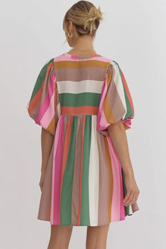 Multicolor Striped Babydoll Dress - Lush Lemon - Women&
