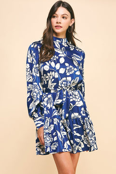 Navy Floral Mock Neck Mini Dress - Lush Lemon - Women&