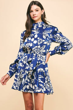 Navy Floral Mock Neck Mini Dress - Lush Lemon - Women&