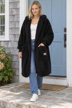 Nordic Beach Long Hooded Sherpa Cardigan in Black Licorice with the complete garment visible