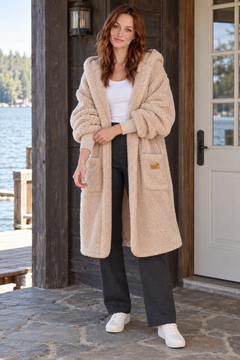 Nordic Beach Long Hooded Sherpa Cardigan in Fluffy Frappe with the complete garment visible