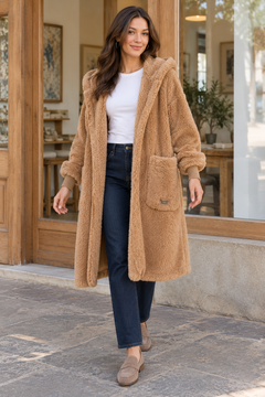 Nordic Beach Long Hooded Sherpa Cardigan in Cafe Latte with the complete garment visible