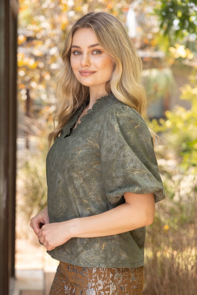 Olive Metallic Ruffle Neck Top - Lush Lemon - Women's Clothing - Voy - 27627451090333
