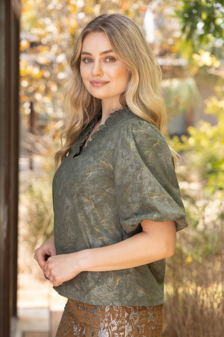 Olive Metallic Ruffle Neck Top - Lush Lemon - Women's Clothing - Voy - 27627451090333