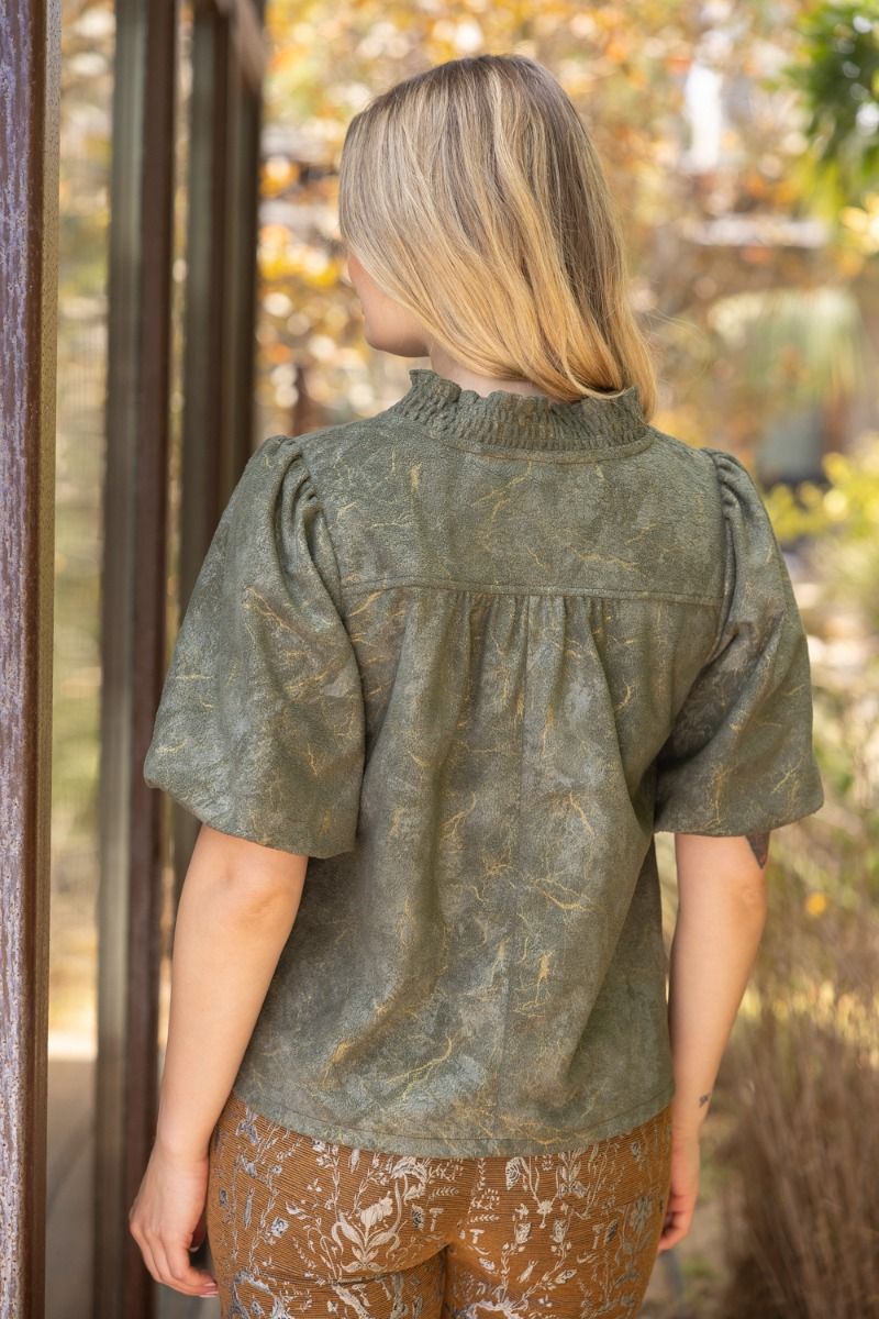 Olive Metallic Ruffle Neck Top - Lush Lemon - Women's Clothing - Voy - 27627451090333