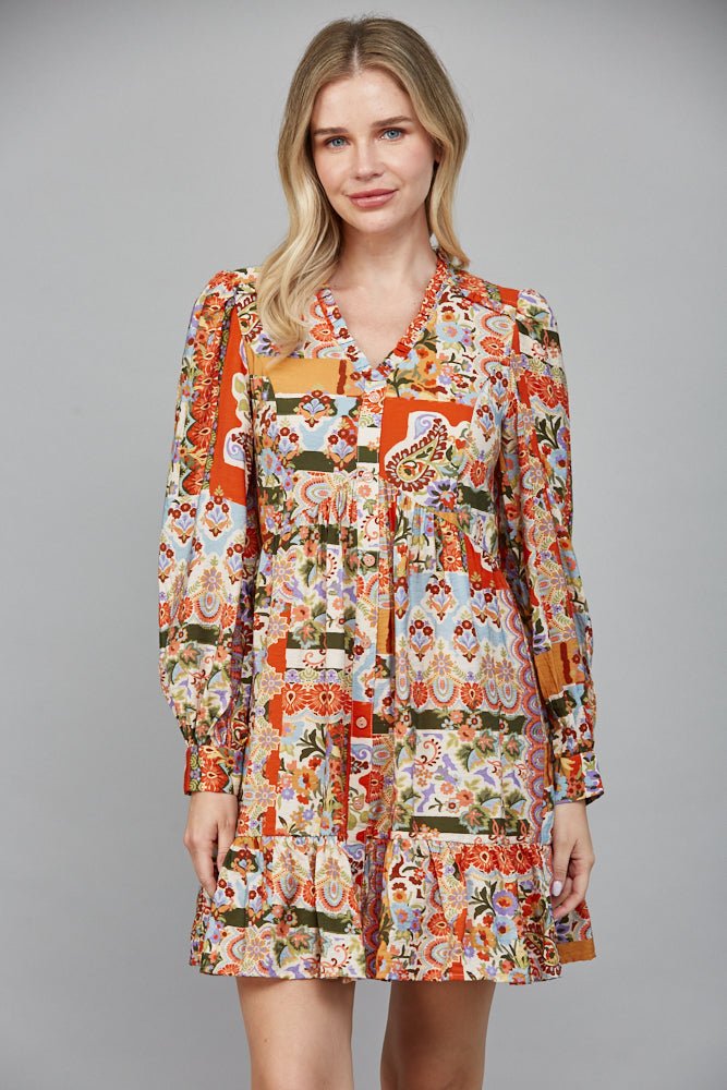 Patchwork Ruffle Tiered Dress - Fate by LFD - Lush Lemon Orange Multi / S