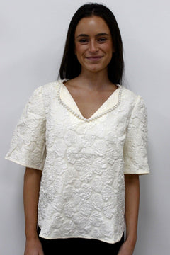 Pearl Collar Floral Textured Top - Lush Lemon - Women&