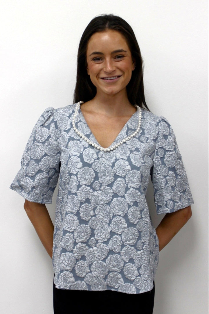 Pearl Collar Floral Textured Top - Lush Lemon - Women's Clothing - Voy - 76951501395421